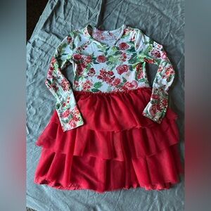 Posh Peanut Red Floral Tiered Tulle Dress with Green Accents